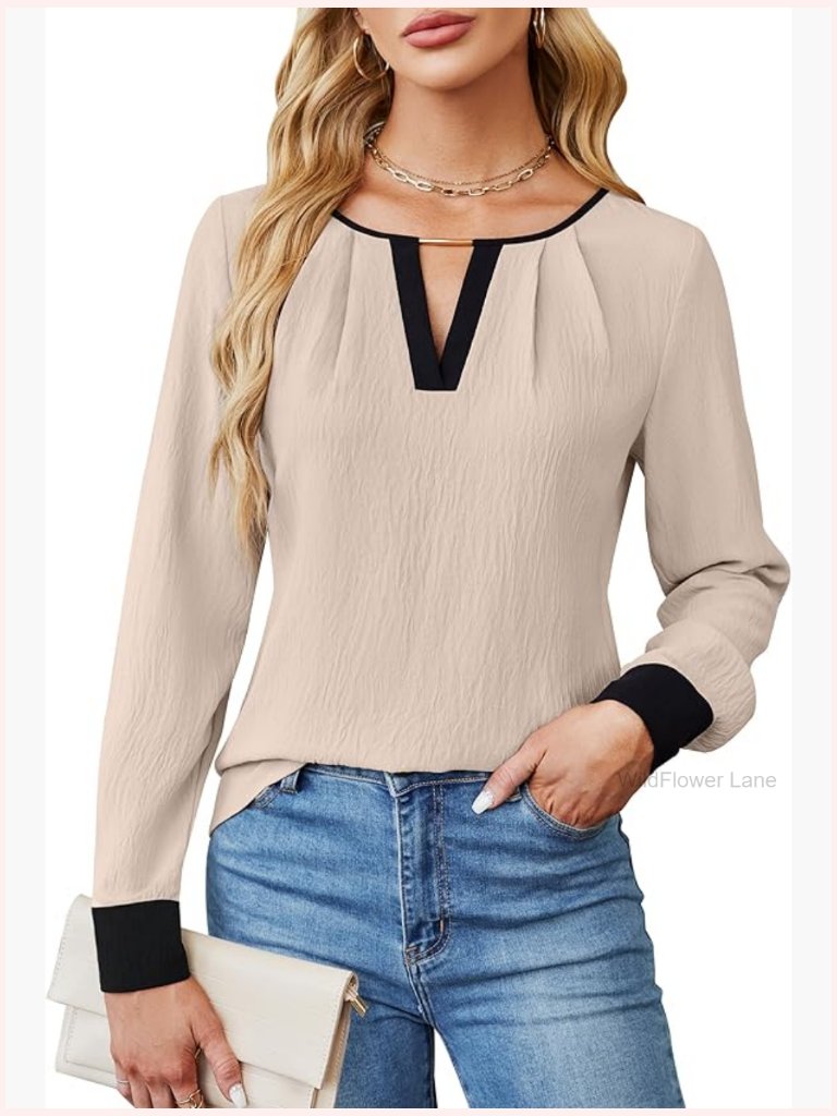 Women's Long Sleeve Color Block Blouse - Business Casual Work Shirt
